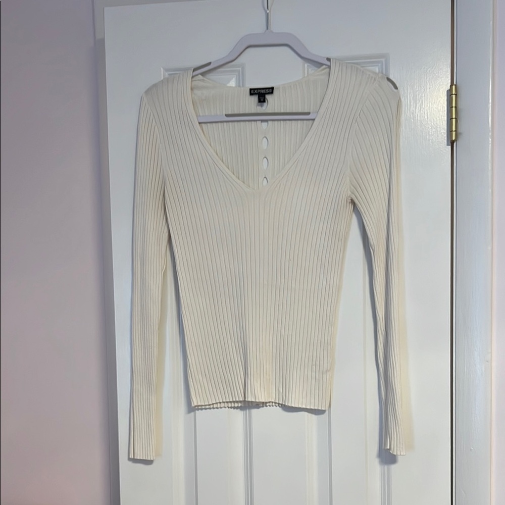 Express Cream Ribbed V-Neck Blouse